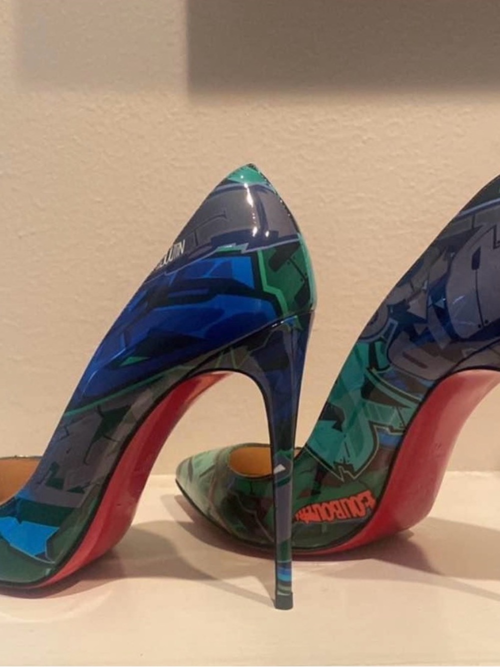 Christian Louboutin Blue and Green Graffiti Patent Stiletto Pumps